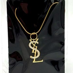 Upcycled YSL Pendant Necklace - Authentic, Stamped - Gold + Crystals